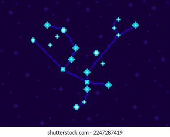 Constelación andromeda en estilo de arte píxel. Estrellas de 8 bits en el cielo nocturno al estilo de videojuegos retro. Grupo de estrellas y galaxias. Diseño para aplicaciones, carteles y afiches. Ilustración del vector