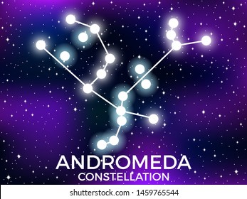 Andromeda constellation. Starry night sky. Cluster of stars and galaxies. Deep space. Vector illustration