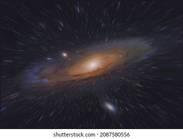 The Andromeda galaxy. Drawing of a flight at the speed of light to a neighboring galaxy.