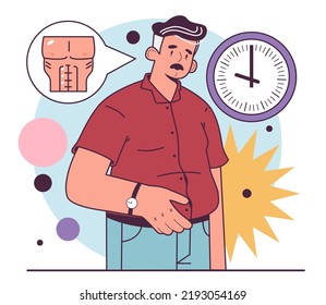 Andropause Or Male Menopause. Decrease In The Male Hormone Testosterone. Male Age-related Changes, Low Libido, Muscle Loss, Weight Gain. Flat Vector Illustration