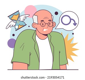 Andropause Or Male Menopause. Decrease In The Male Hormone Testosterone. Male Age-related Changes, Low Libido, Muscle Loss, Weight Gain. Flat Vector Illustration