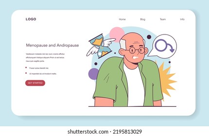 Andropause Or Male Menopause Web Banner Or Landing Page. Decrease In The Male Hormone Testosterone. Male Age-related Changes, Low Libido, Muscle Loss, Weight Gain. Flat Vector Illustration