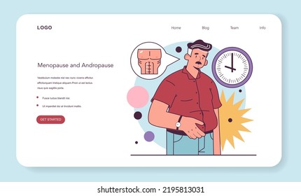 Andropause Or Male Menopause Web Banner Or Landing Page. Decrease In The Male Hormone Testosterone. Male Age-related Changes, Low Libido, Muscle Loss, Weight Gain. Flat Vector Illustration