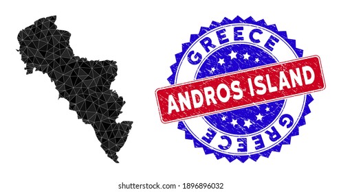 Andros Island of Greece map polygonal mesh with filled triangles, and rubber bicolor stamp seal. Triangle mosaic Andros Island of Greece map with mesh vector model, triangles have various sizes,