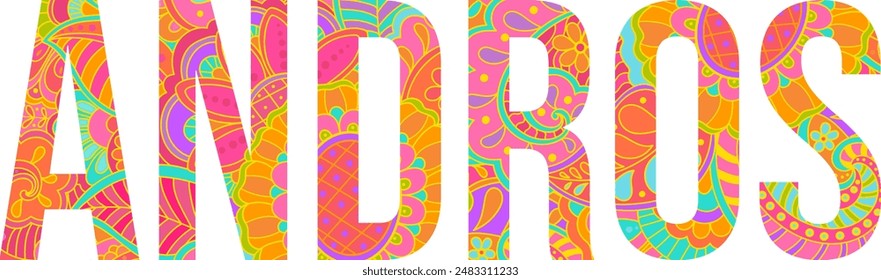 Andros island text title with floral doodle pattern. Unique place name vector design, use for article header, merch print, travel blog, postcard, wall art print  	