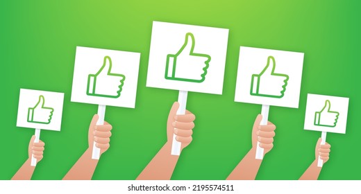 ands holds sign with yes green tick. Satisfaction, acceptance. Vector stock illustration.