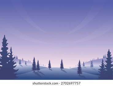 andscape background, long winter evening, tranquility returns, sunset, purple gradient, vector illustration for background design or travel brochure creation.