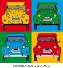 Cartel de arte pop inspirado en Andy Warhol con 4 coches modelo 2CV, cada uno en diferentes colores sobre fondos de colores brillantes.