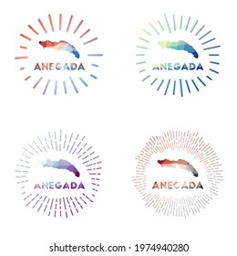 Anegada low poly sunburst set. Logo of island in geometric polygonal style. Vector illustration.