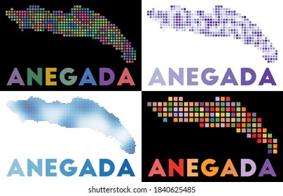 Anegada map. Collection of maps of Anegada in dotted style. Borders of the island filled with rectangles for your design. Vector illustration.