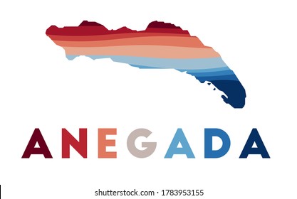 Anegada map. Map of the island with beautiful geometric waves in red blue colors. Vivid Anegada shape. Vector illustration.