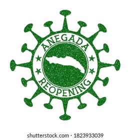 Anegada Reopening Stamp. Green round badge of island with map of Anegada. Island opening after lockdown. Vector illustration.