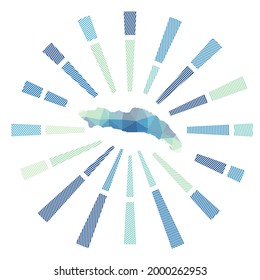 Arroz de sol de Anegada. Rayos de rayas bajas y mapa de la isla. Encantadora ilustración vectorial.