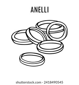 Anelli pasta doodle food illustration. Hand drawn graphic print of short macaroni type of pasta. Vector line art element of Italian cuisine