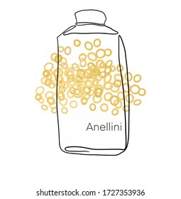 Anellini. Pasta in a jar simple linear drawing. Line art. Italian cuisine, pasta. Vector Illustration. Realistic dry macaroni, for cards, posters, postcard  design, logo, for printed matter.