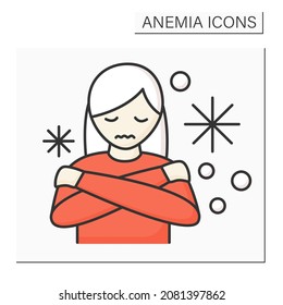 Anemia Color Icon. Disease Symptoms. Woman Has Cold Hands And Feet. Low Hemoglobin, Body Temperature. Health Protection Concept. Isolated Vector Illustration