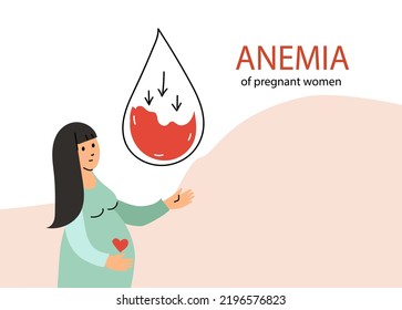 Anemia Concept. Pregnant Woman Suffering From Anemia. Low Hemoglobin Content. Vector Doodle Illustration.