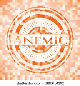 Anämisch-orangefarbene Kachelhintergrund. Quadratisches geometrisches Mosaik nahtloses Muster mit Emblem im Inneren. 