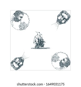 The Anemoi, Gods of winds and old sailing ship hand drawn in engraving style. Vector retro graphic illustration of mythological theme.