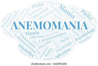 Anemomania word cloud. Type of mania, made with text only.