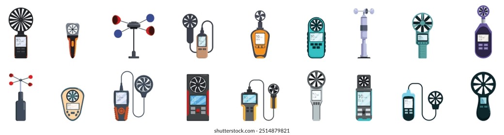 Anemometer icons set. Collection of anemometers showing wind speed measurement in different ways