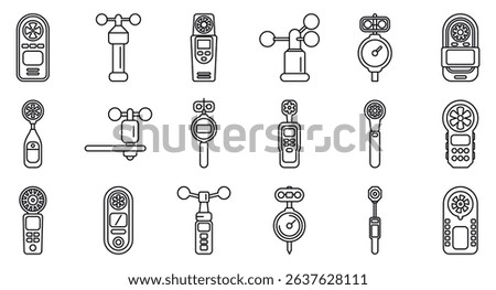 Anemometer icons set. Collection of anemometers and wind vanes, essential tools for measuring wind speed and direction in meteorology and weather forecasting