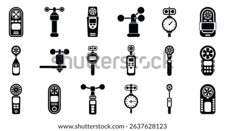 Anemometer icons set. Collection of anemometers and wind vanes for measuring wind speed and direction, essential tools for meteorology and weather forecasting