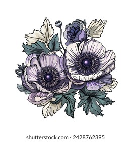 Anemone. Anemones vector. Illustration, flower tattoo. Flowers in boho style, sticker on a white background. Clip-art, blank for the designer