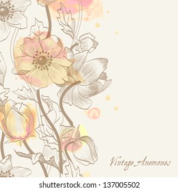 anemone; background; vintage; water color,  picturesque