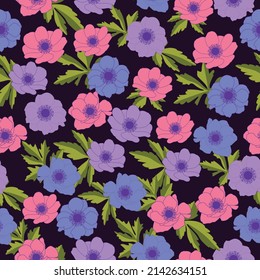 Anemone blooming flowers seamless pattern Design. Perfect for wedding invitations, birthday, valentines card, textile and fabric print.