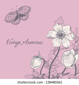 anemone; butterfly; vintage; wallpaper; pink, gray, white