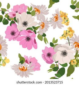 Anemone and chamomile. Seamless summer vector illustration on a white background. For decorating textiles, packaging, wallpaper.