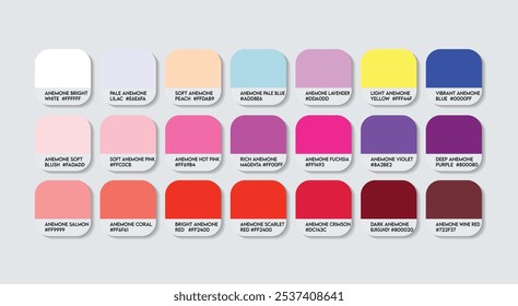 Anemone Color Palette,  Anemone's Flower Color Guide Palette with Color Names. Catalog Samples of Anemone RGB HEX codes. natural  Anemone flower variations,  Fashion Trend Anemone Color Palette