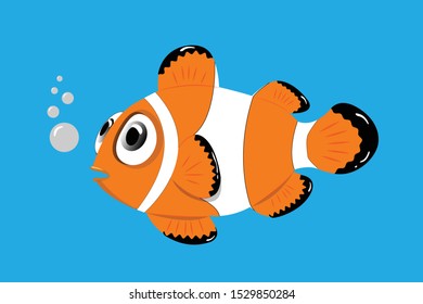Anemone fish Clown fish cartoon on the blue background. Vector illustration