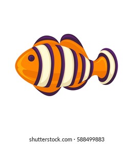 Anemone fish isolated on white. Clownfish in yellow, black and white Clownfish in yellow, black and white colors.  Aquarium fish realistic vector illustration in flat style design