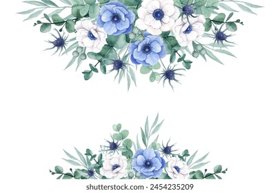 Anemone floral background with eucalyptus leave, watercolor anemone flower and thistle	