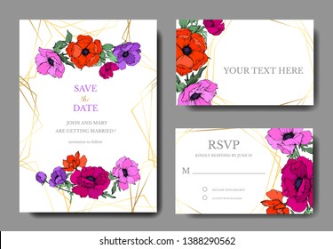Anemone floral botanical flowers. Black and white engraved ink art. Wedding background card floral decorative border. Thank you, rsvp, invitation elegant card illustration graphic set banner.
