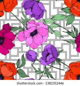 Anemone floral botanical flowers. Wild spring leaf wildflower isolated. Black and white engraved ink art. Seamless background pattern. Fabric wallpaper print texture.