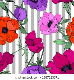 Anemone floral botanical flowers. Wild spring leaf wildflower isolated. Black and white engraved ink art. Seamless background pattern. Fabric wallpaper print texture.