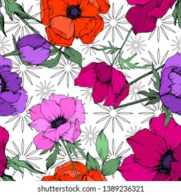 Anemone floral botanical flowers. Wild spring leaf wildflower isolated. Black and white engraved ink art. Seamless background pattern. Fabric wallpaper print texture.