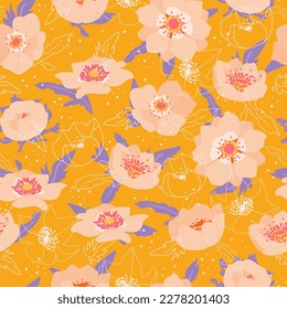 Patrón sin soldadura floral anémico sobre fondo amarillo. Ilustración vectorial botánica para tarjetas de felicitación, tela, papel pintado o papel envolvente. Temporada de flores de verano en primavera