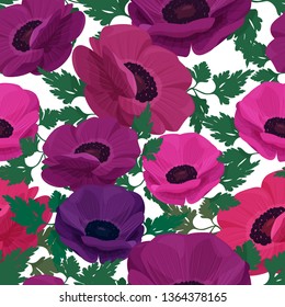Anemone flower background. Seamless vector pattern with colorful flowers.