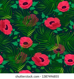 Anemone flower background. Seamless vector pattern with colorful flowers. 