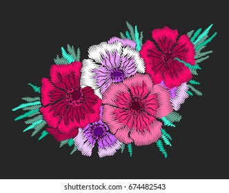 Anemone flower composition embroidered design. Needlework illustration. Beautiful floral motive. EPS 10 vector embroidery fashion template.