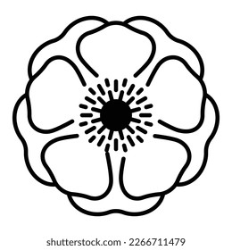 Anemone flower, icon. Blooming flower head. Symbol of anticipation, beautiful romantic gift. Volume petals, close-up view. Lineart botanical illustration. Flat editable icon, thin stroke