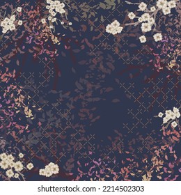 Anemone flower with leaves pattern design for hijab, scarf, scarves with navy color