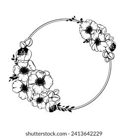 Anemone flower and leaves round shape wreath. Vector spring, summer flowers and leaves bouquet border