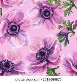 Anemone flower with leaves vector seamless pattern. Spring theme wallpaper. Boho floral pink purple anemone design element.