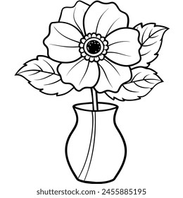 Anemone flower on the vase outline illustration coloring book page design, Anemone flower on the vase black and white line art drawing coloring book pages for children and adults