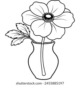 Flor de anémona en el diseño de página de libro para colorear ilustración de contorno de florero, flor de anémona en el florero arte de línea en blanco y negro dibujo para colorear páginas de libro para niños y adultos